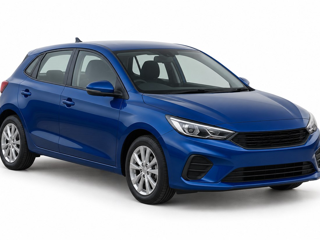 A blue hatchback photographed on a white background